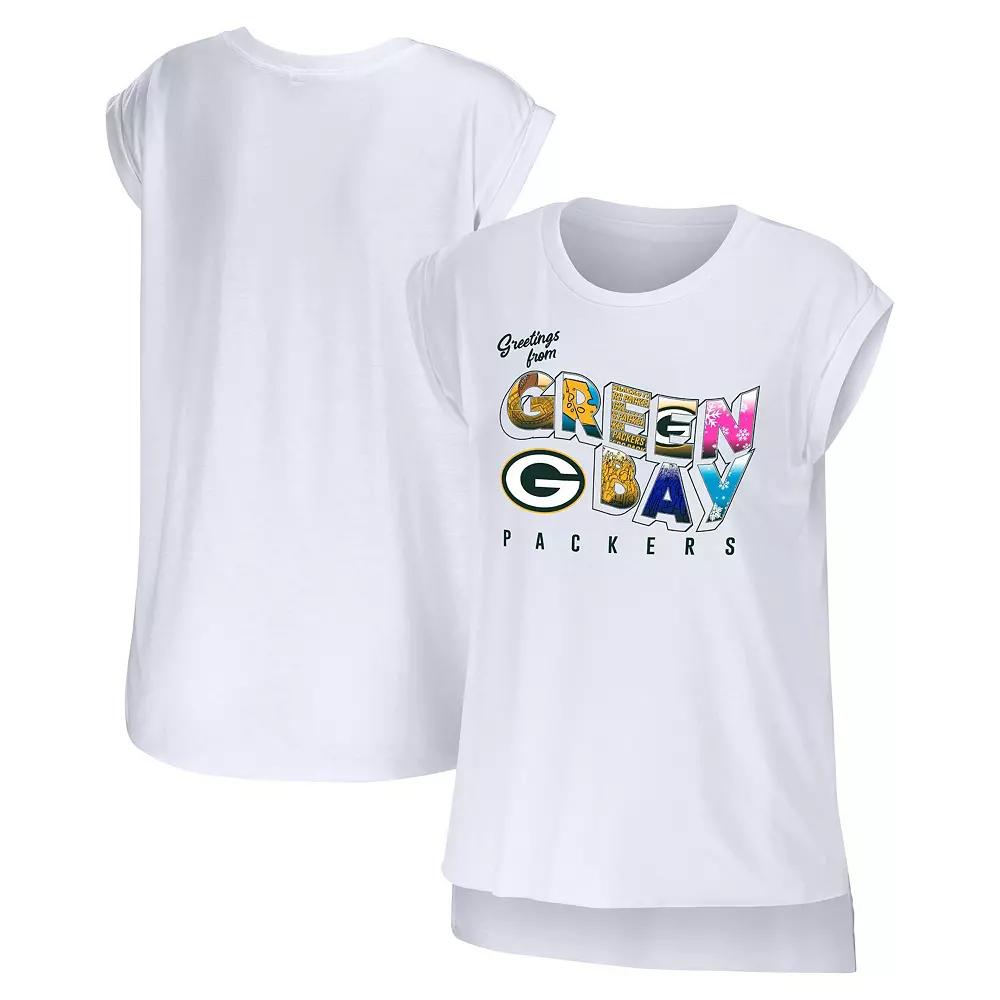 Women's WEAR by Erin Andrews White Green Bay Packers Greetings From Muscle T-Shirt,  Product Image