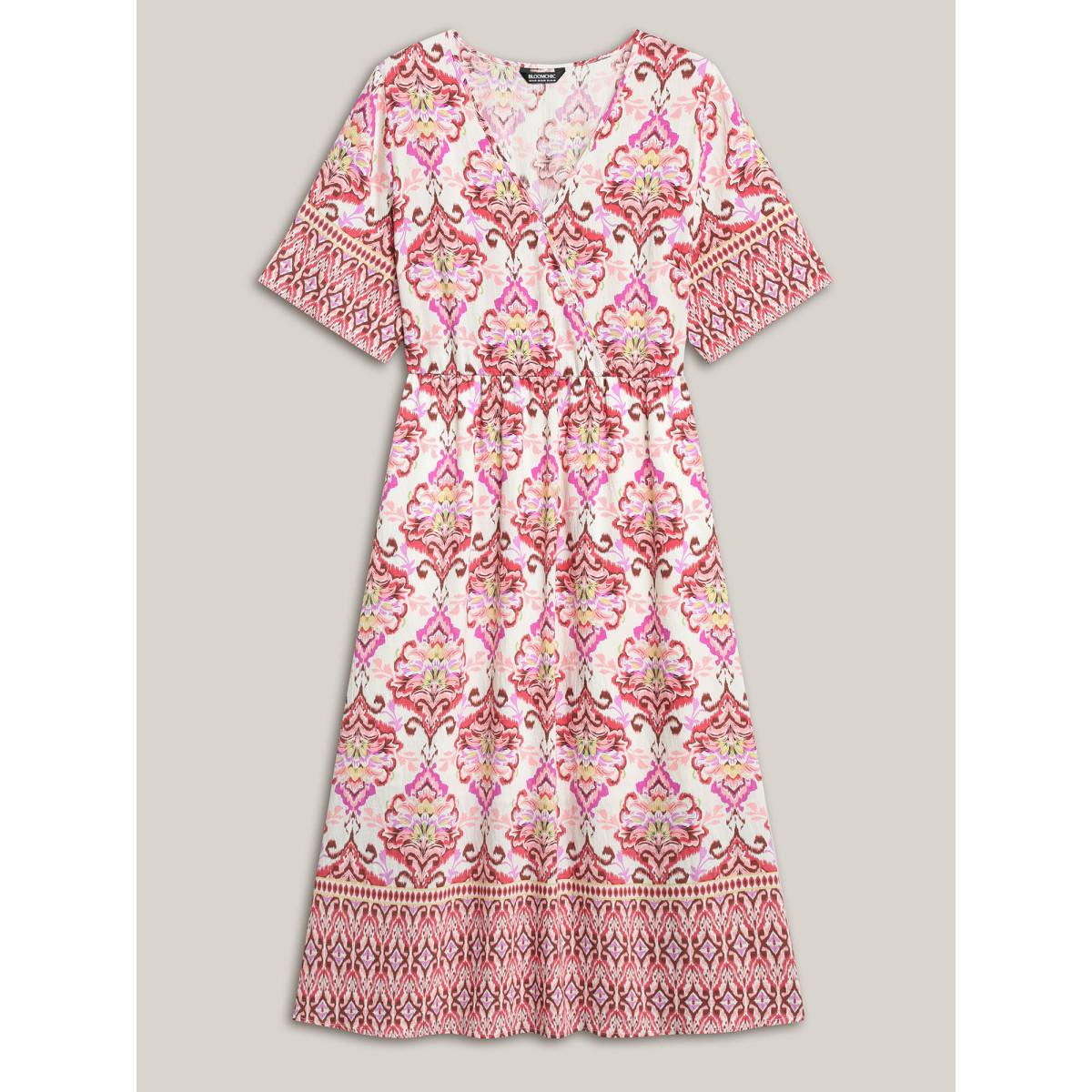 Plus Size Ornate Print Surplice Pockets Maxi Dress Beanpastepowder Women Overlap Collar Short sleeve Curvy BloomChic 12/L Product Image