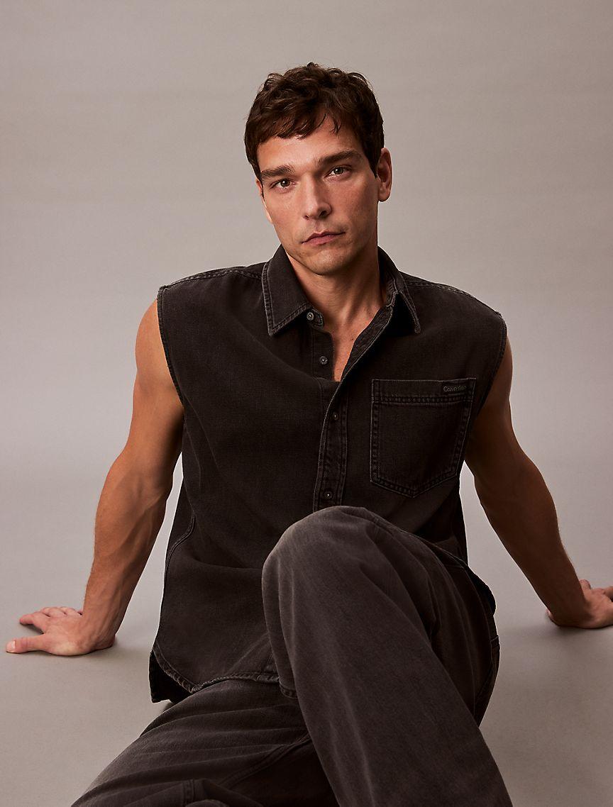Denim Sleeveless Button-Down Shirt  Product Image