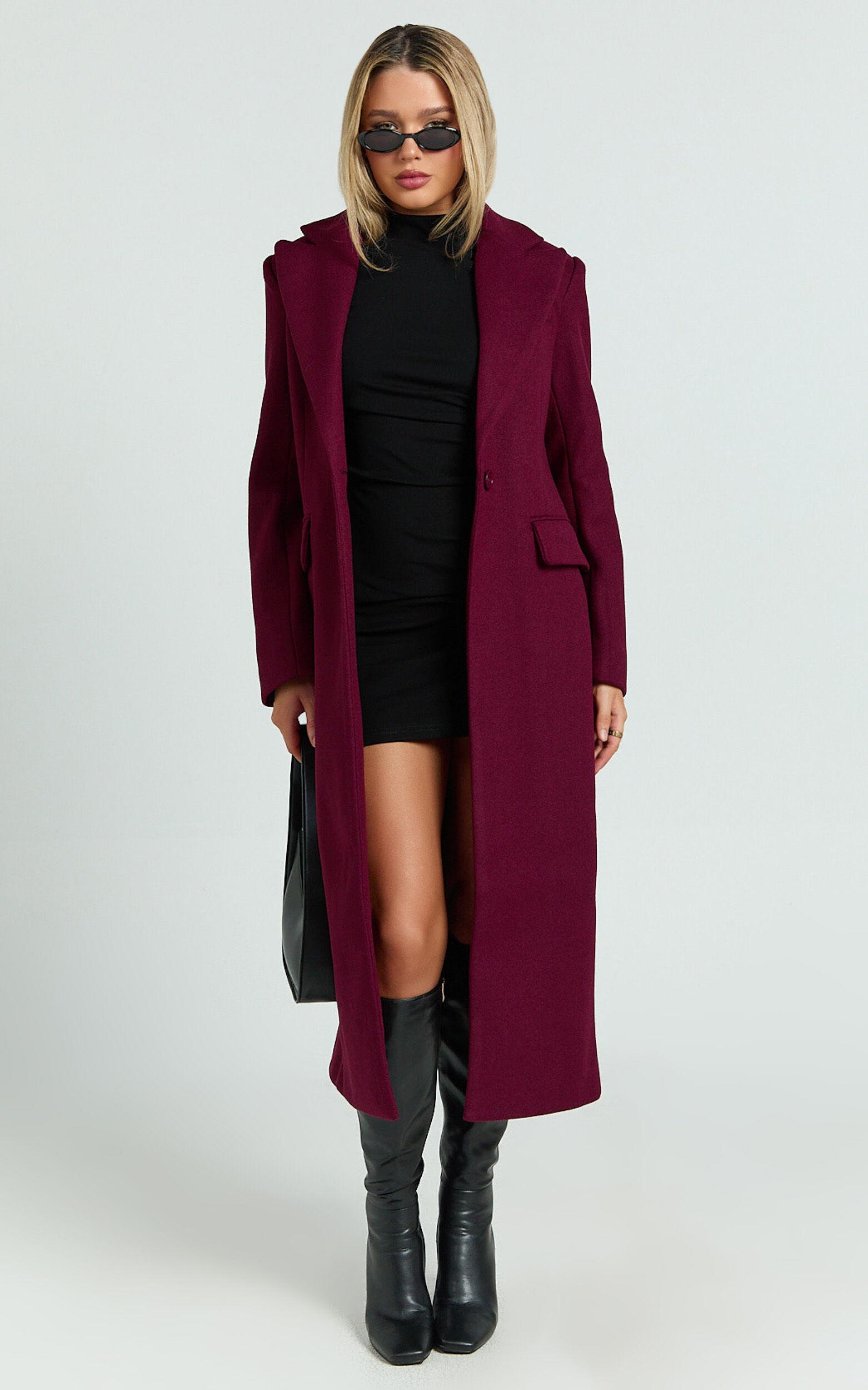 Michaela Coat - Oversized Lapel Single Button Coat in Wine Product Image