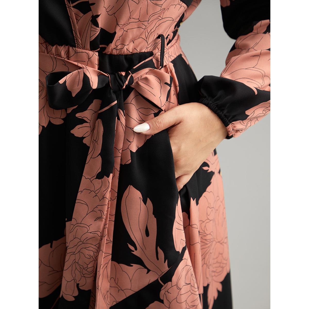 Plus Size Floral Print Belted Wrap Hem Midi Dress Black Women Elegant Elastic cuffs Overlap Collar Long Sleeve Curvy Midi Dress BloomChic 22-24/3X Product Image