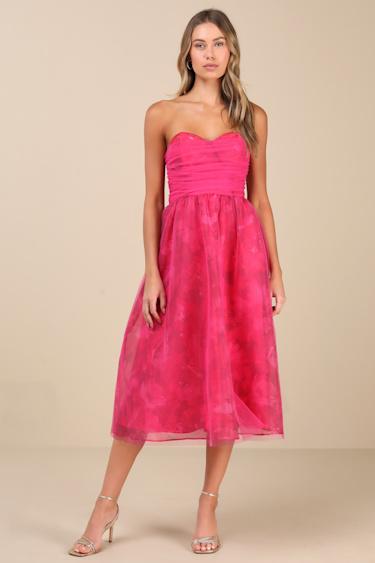 Splendidly Yours Pink Floral Organza Mesh Strapless Midi Dress Product Image