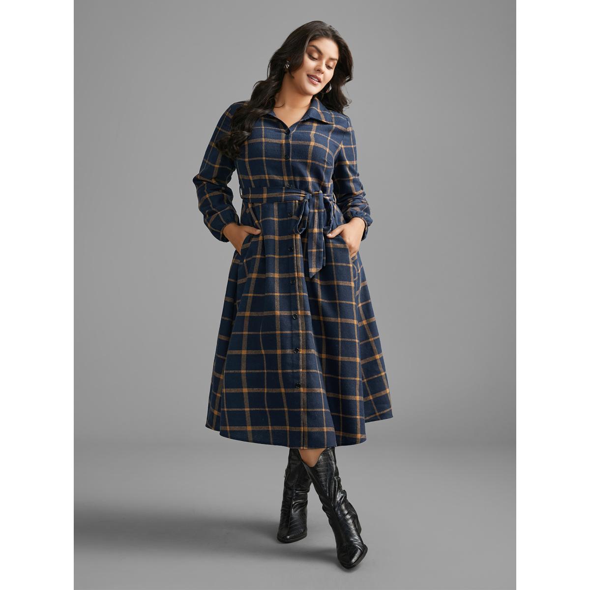 Plus Size Plaid Button Through Belted Dress DarkBlue Women Casual Belted Shirt collar Long Sleeve Curvy BloomChic 14-16/1X Product Image