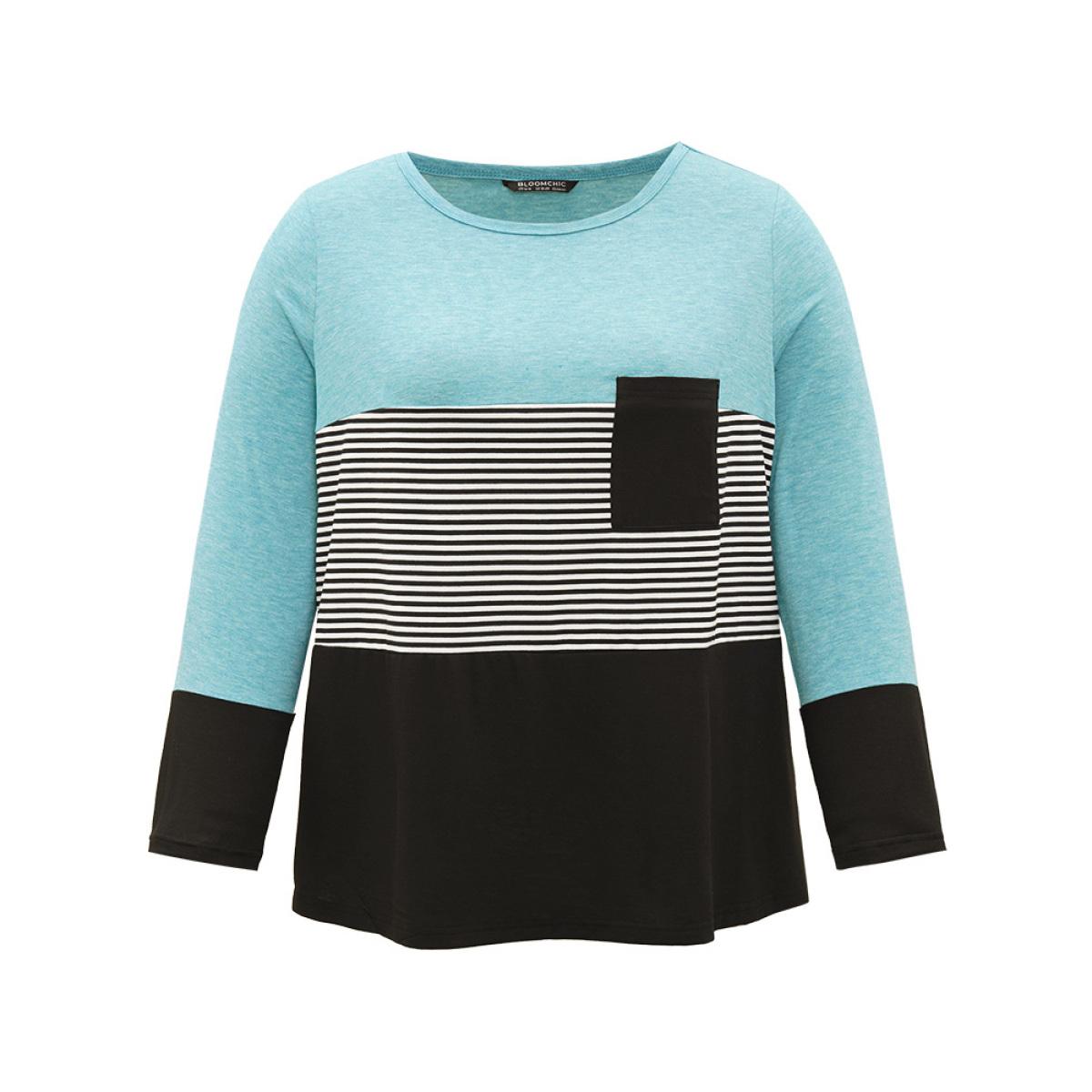 Plus Size Striped Colorblock Contrast Patchwork Crew Neck T-shirt Multicolor Women Casual Contrast Striped Round Neck Dailywear T-shirts BloomChic 10/M Product Image