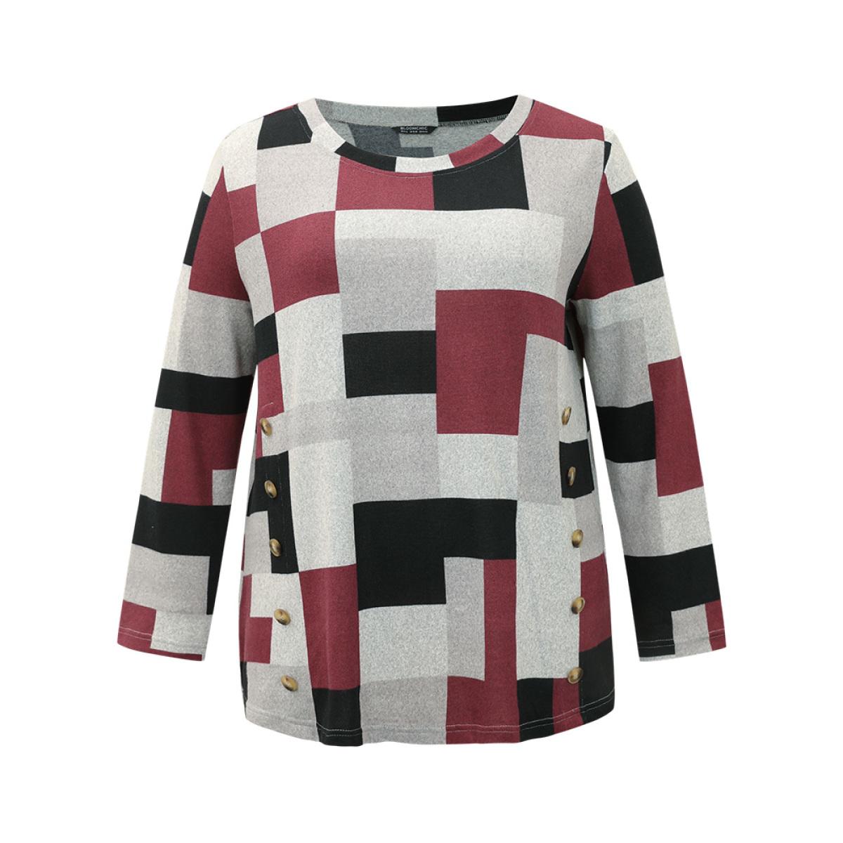 Plus Size Colorblock Contrast Button Detail T-shirt Multicolor Women Casual Contrast Geometric Round Neck Dailywear T-shirts BloomChic 18-20/2X Product Image