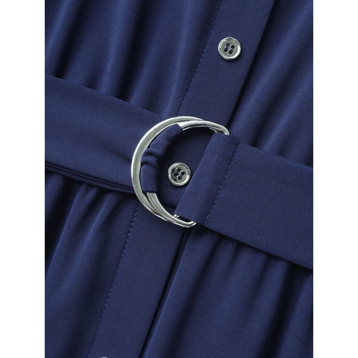 Plus Size Flutter Sleeve Belted Shirt Dress DarkBlue Women Shirt collar Cap Sleeve Curvy BloomChic 18-20/2X Product Image