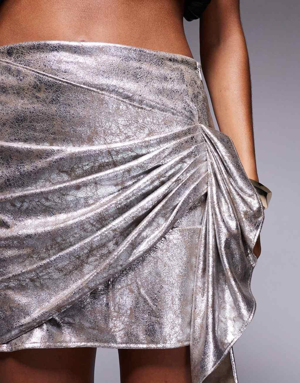ASOS DESIGN twist detail metallic leather look mini skirt in silver Product Image