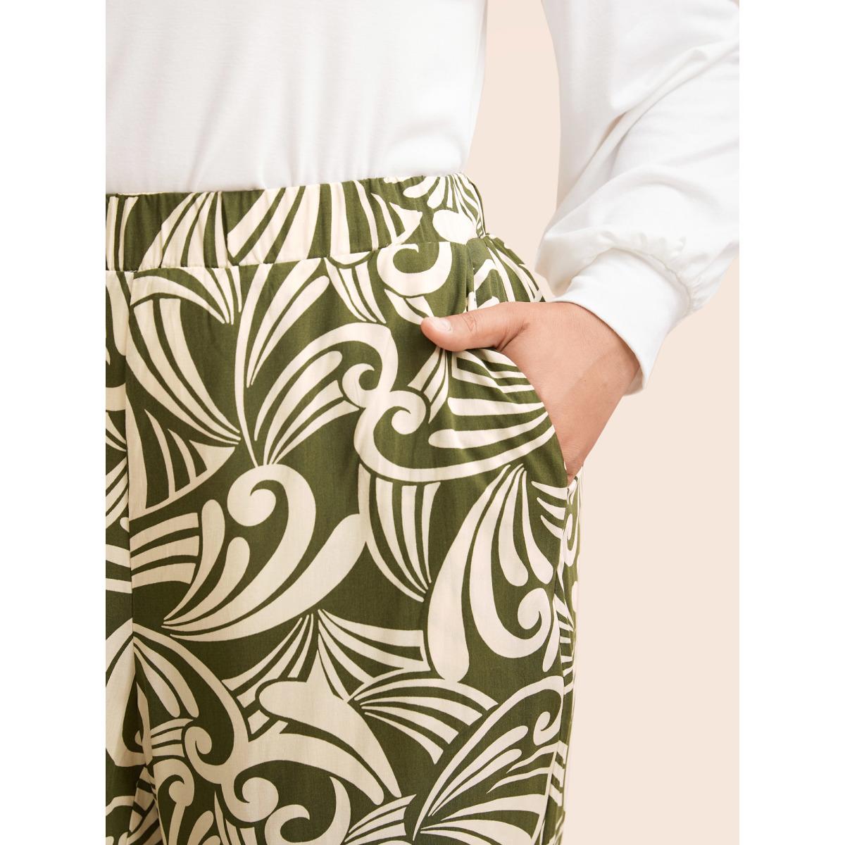 Plus Size Tropical Print Wide Leg Mid Rise Pants Women Moss Casual Wide Leg Mid Rise Everyday Pants BloomChic 28/5X Product Image