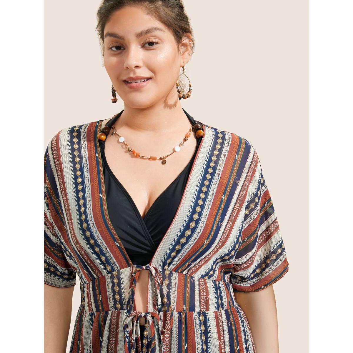 Plus Size Bandana Striped Ties Shirred Elastic Waist Kimono Women DarkBlue Resort Non Vacation Kimonos BloomChic 26/4X Product Image