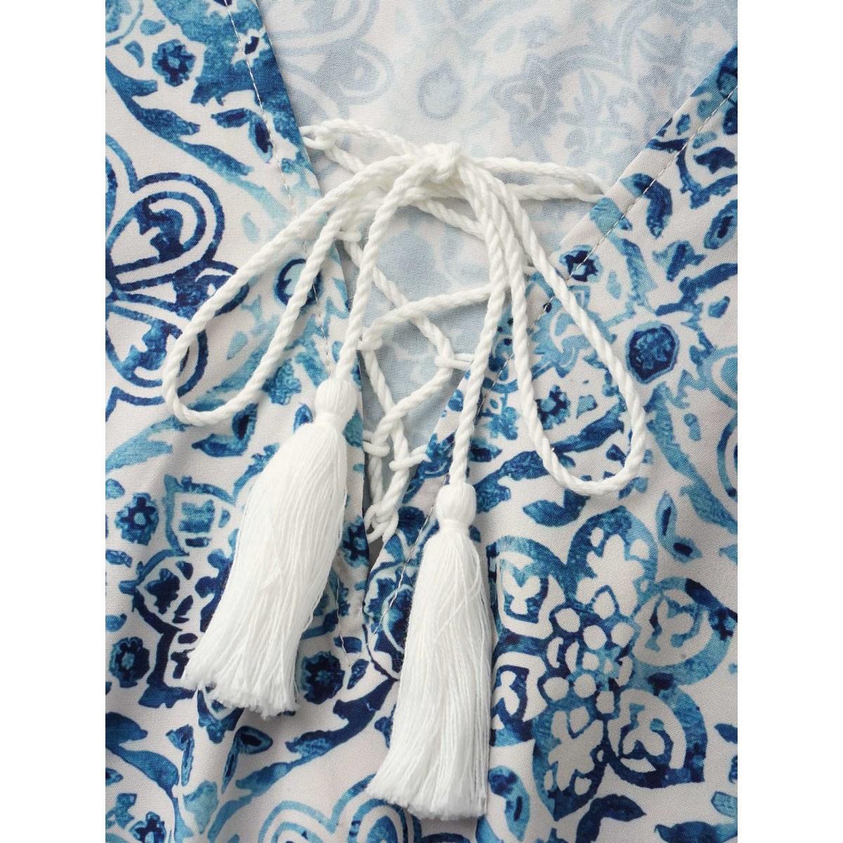 Plus Size Boho Print Tassels Trim Flutter Sleeve Dress DarkBlue Women Resort Wraparound straps V-neck Half Sleeve Curvy BloomChic 18-20/2X Product Image