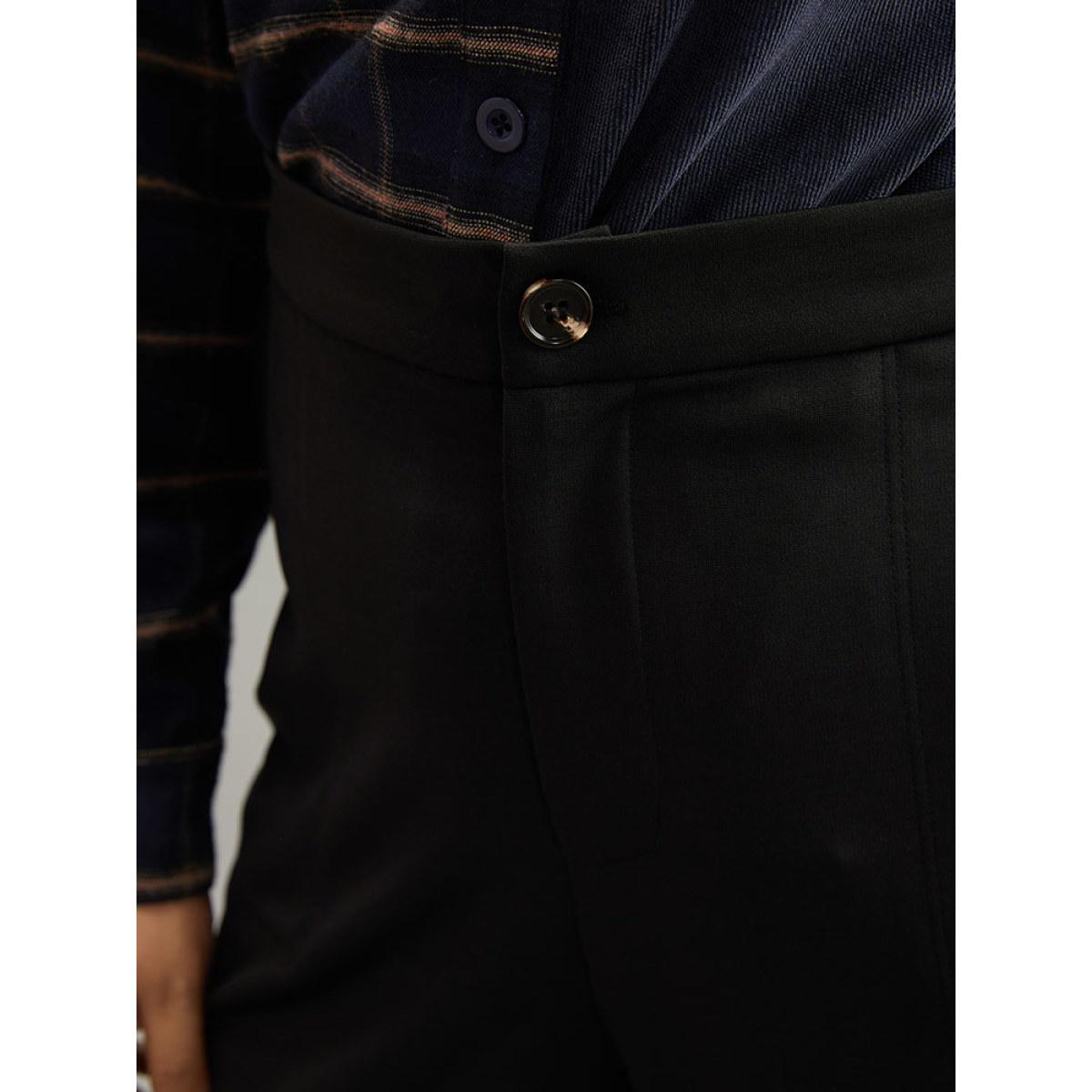 Plus Size Plain Elastic Waist Pocket Mid Rise Pants Women Black Office Mid Rise Office Pants BloomChic 12/L Product Image