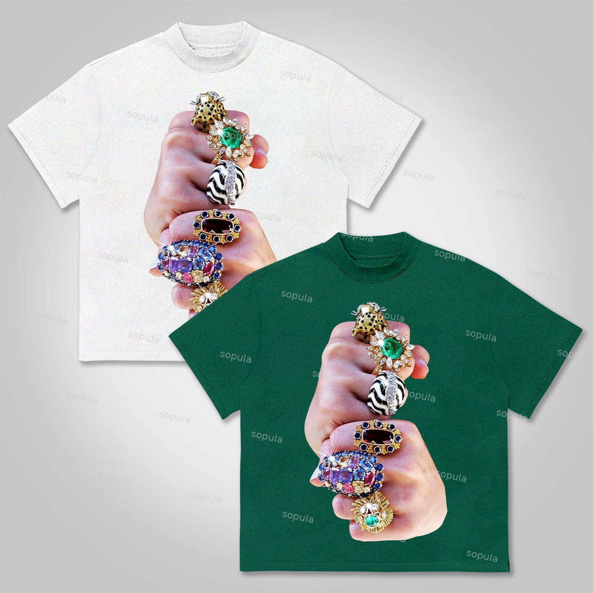 Sopula Finger Graffiti Diamond Ring Print Cotton T-shirt Product Image