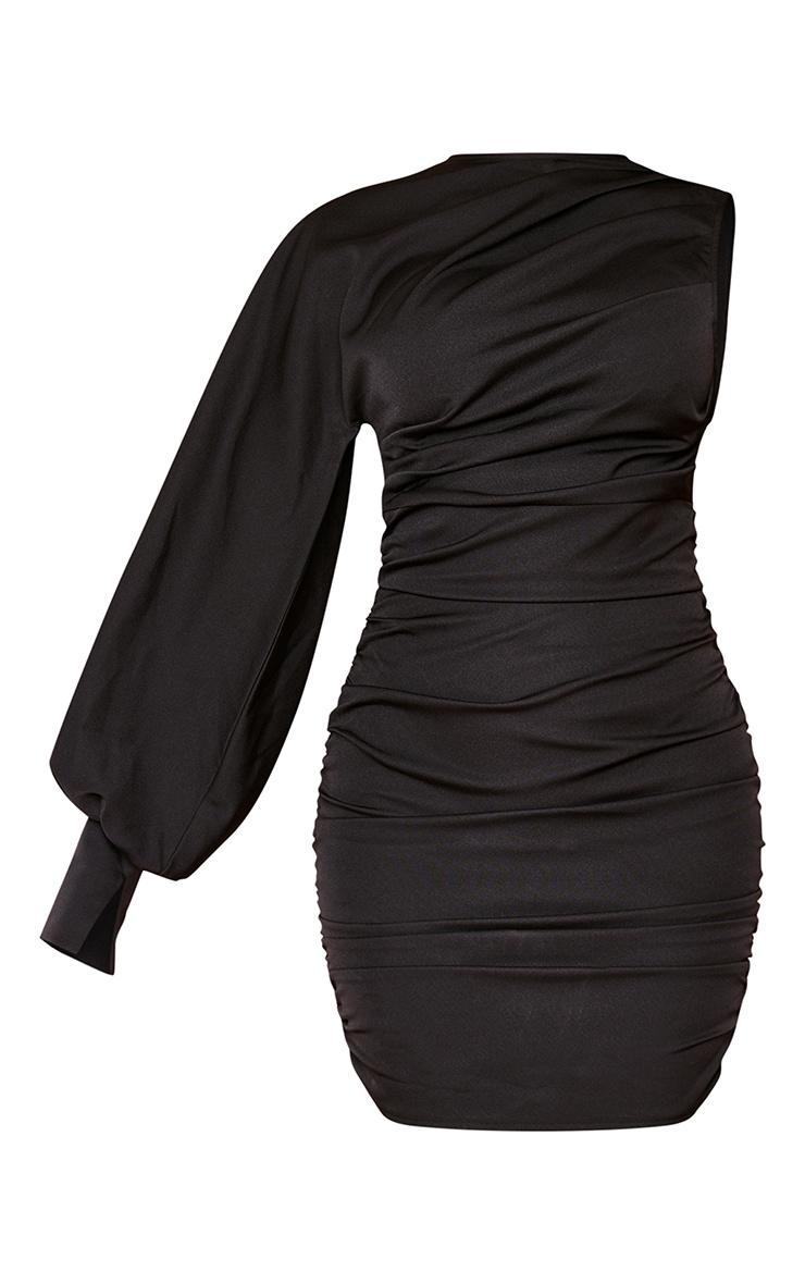 Black One Sleeve Ruched Woven Bodycon Dress Product Image