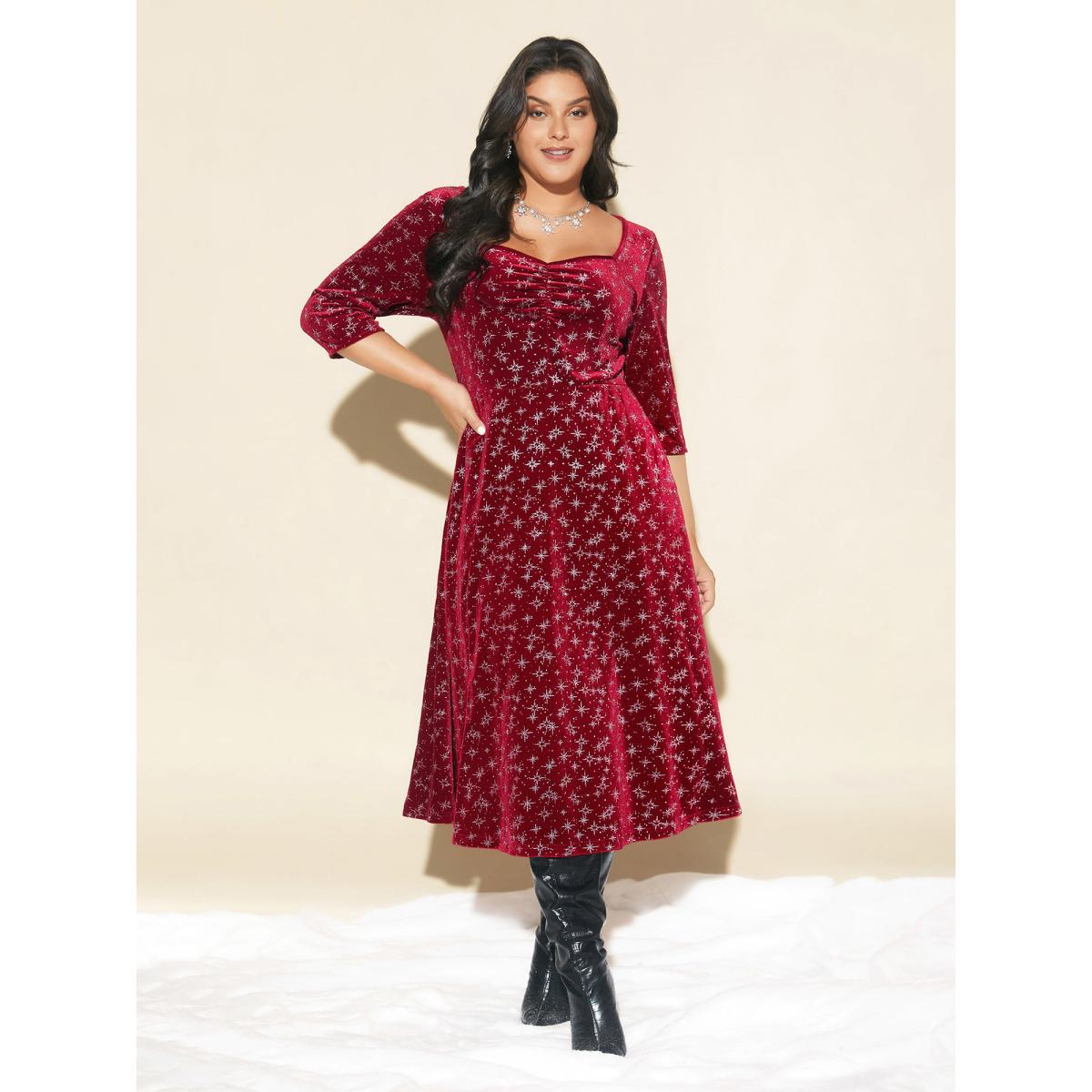 Plus Size Embossed Velvet Sweetheart Neckline Midi Dress Burgundy Women Cocktail Texture Heart neckline Elbow-length sleeve Curvy BloomChic 12/L Product Image
