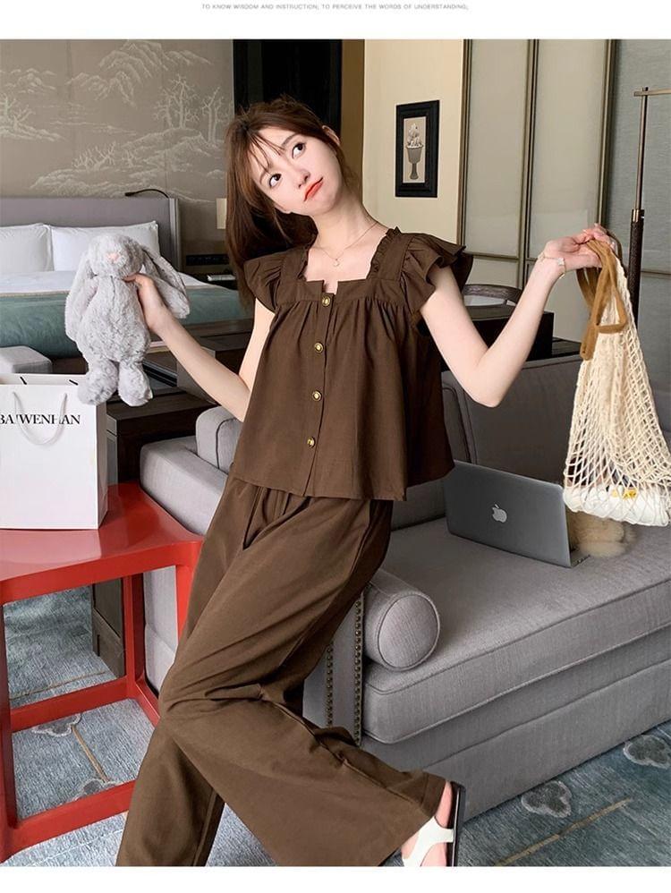 Set: Sleeveless Square Neck Plain Ruffle Trim Blouse + High Rise Plain Wide Leg Pants Product Image