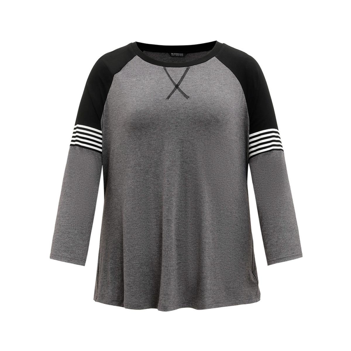 Plus Size Striped Contrast Raglan Sleeve T-shirt Gray Women Casual Striped Round Neck Everyday T-shirts BloomChic 26/4X Product Image