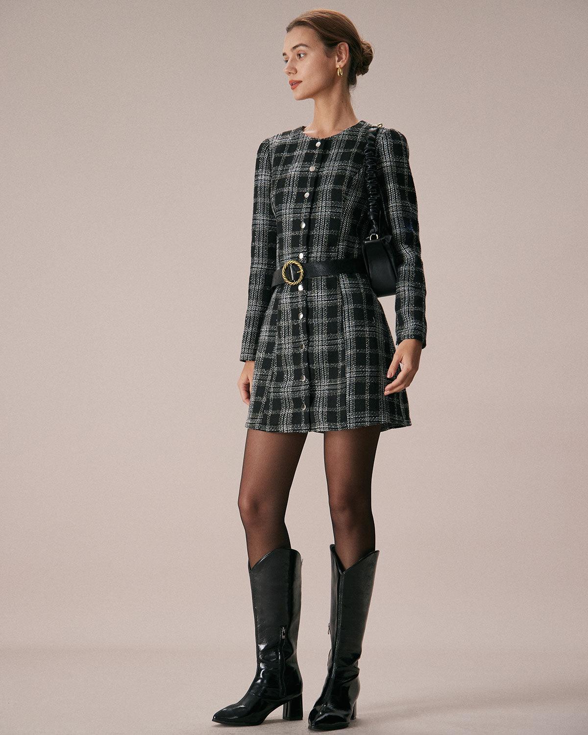 The Black Crew Neck Plaid A-Line Mini Dress Product Image