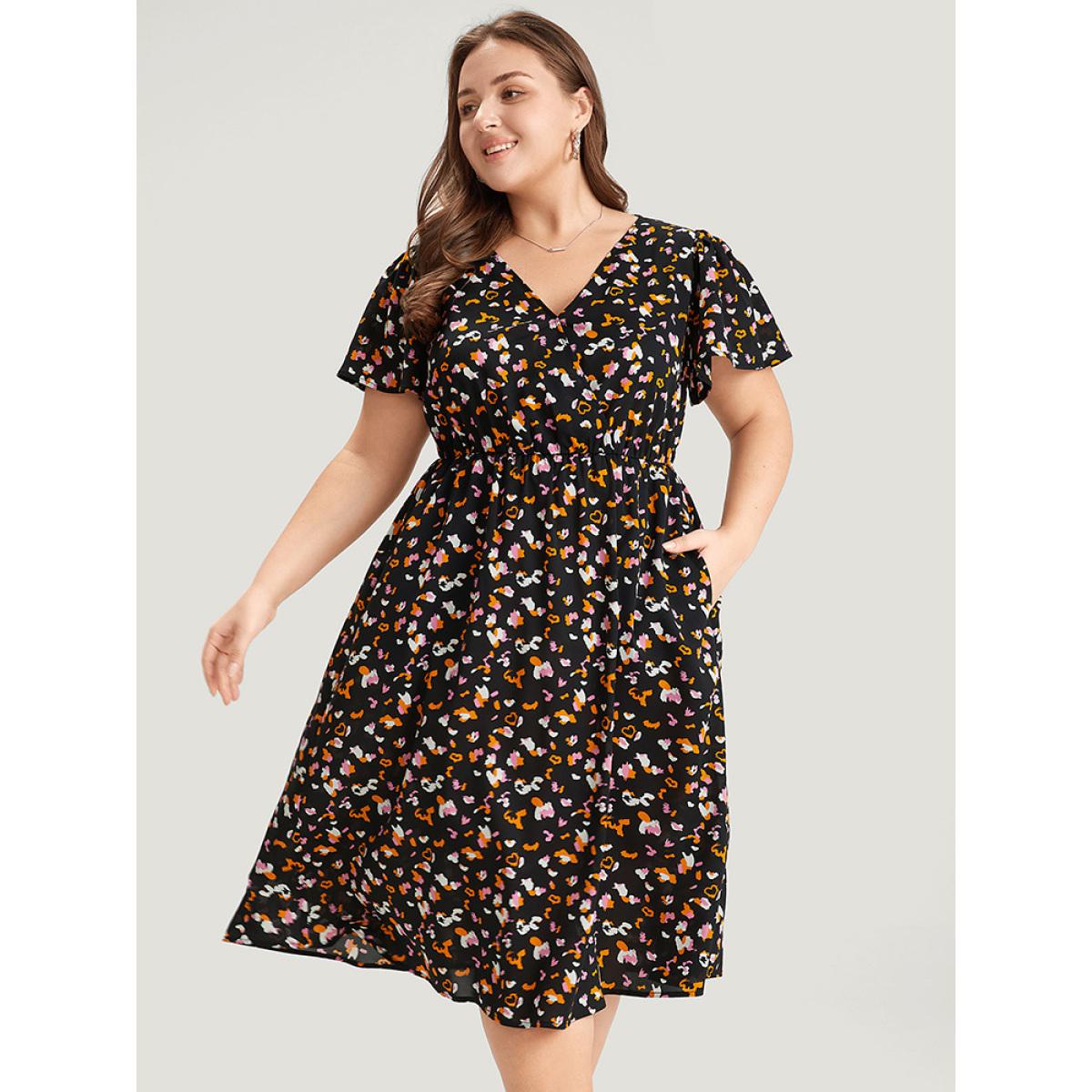 Plus Size Colour Leopard Print Wrap Elastic Waist Ruffle Hem Dress Black Women Elegant Elastic Waist V-neck Short sleeve Curvy Midi Dress BloomChic 22-24/3X Product Image