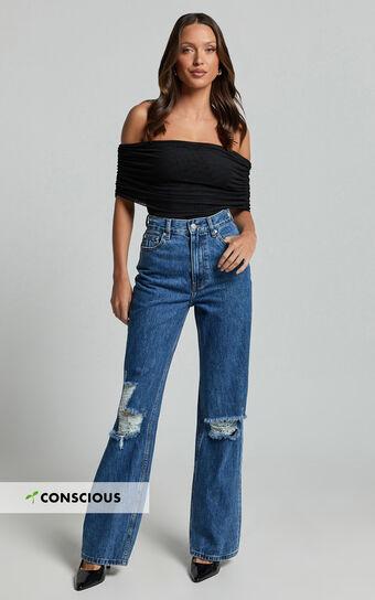 Miho Jeans - High Waisted Recycled Cotton Distressed Straight Leg Denim Jeans in Dark Blue Wash Product Image