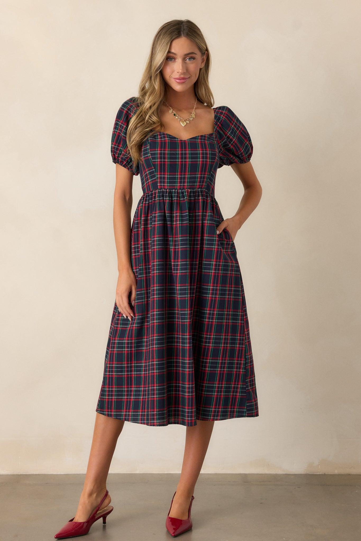 Always You Cotton Navy Plaid Puff Sleeve Midi Dress Product Image