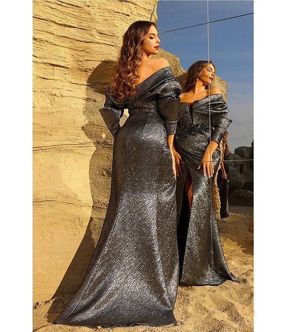 Terani Couture Off The Shoulder 3/4 Sleeve Metallic Jacquard Mermaid Gown Product Image