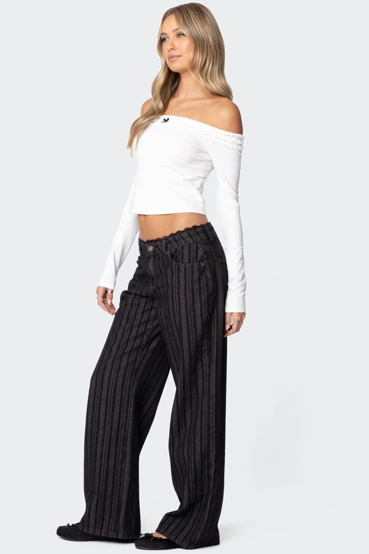 Lace Trim Striped Low Rise Baggy Jeans Product Image