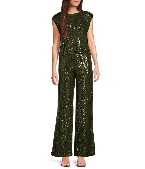 Skies Are Blue Sequin High Waist Semi-Flare Leg Pull-On Pants Product Image