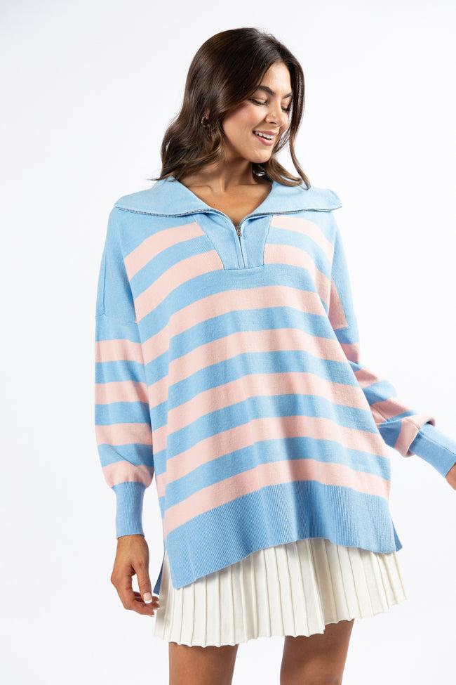 Pulling Heartstrings Blue and Coral Striped Quarter Zip Pullover FINAL SALE Product Image
