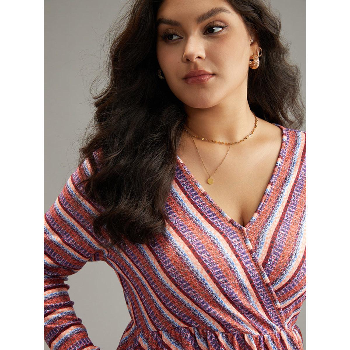 Plus Size Striped Elastic Waist Gathered Dress DustyPink Women Casual Printed V-neck Long Sleeve Curvy Midi Dress BloomChic 22-24/3X Product Image