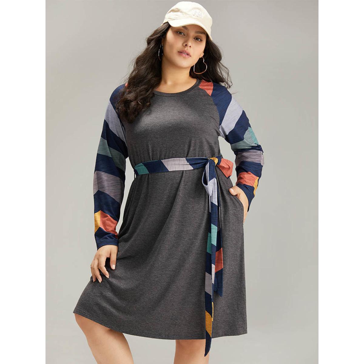 Plus Size Striped Pocket Raglan Sleeve Belted Dress DimGray Women Casual Belted Round Neck Long Sleeve Curvy Knee Dress BloomChic 14-16/1X Product Image