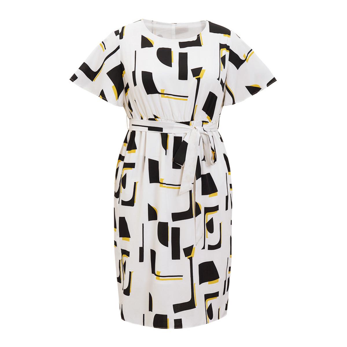 Plus Size Geometric Print Pocket Belt Flutter Sleeve Dress Black Women Elegant Contrast Round Neck Short sleeve Curvy Knee Dress BloomChic 28/5X Product Image