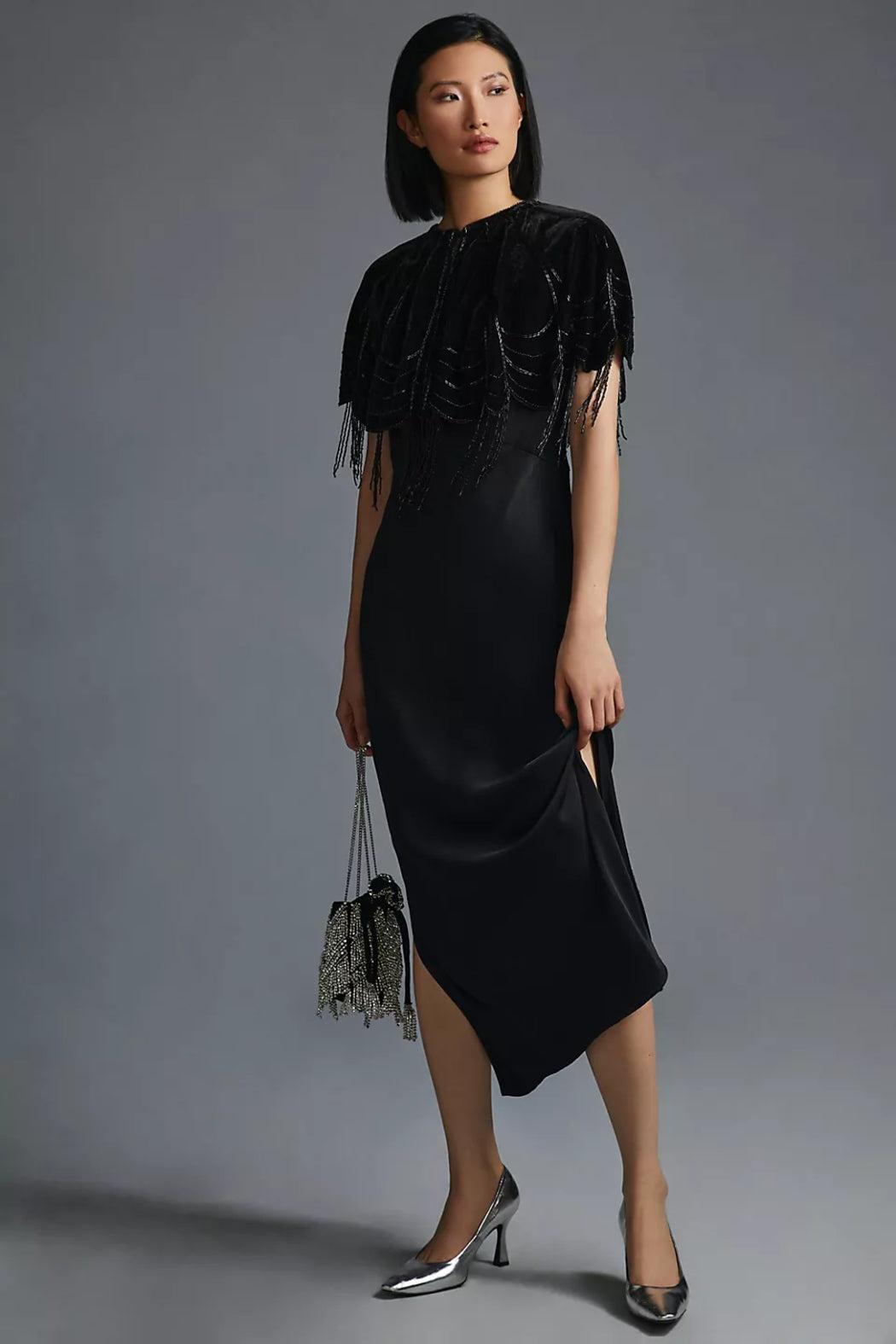 Scallops Embellished Velvet Cape Product Image