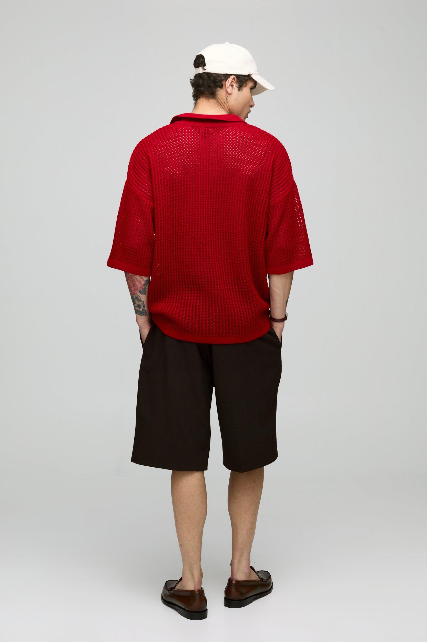 Oversized Open Stitch Knitted V Neck Polo | boohooMAN USA Product Image