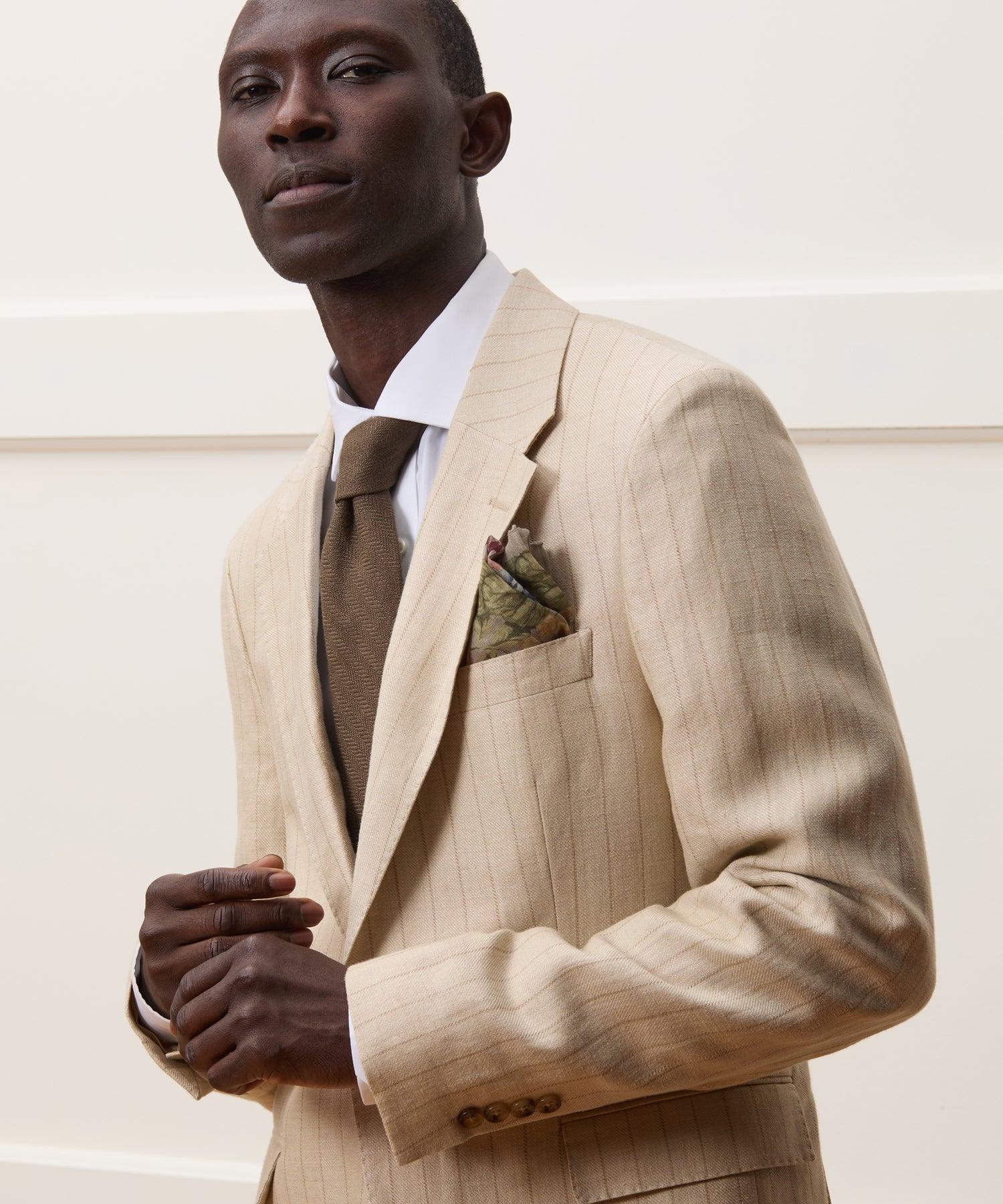 Italian Linen-Silk Sutton Jacket in Tan Pinstripe Product Image