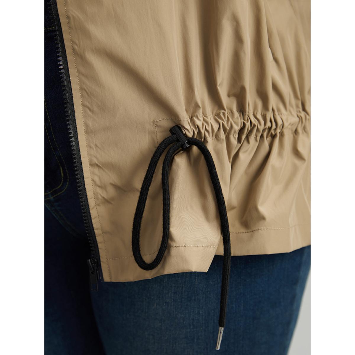 Plus Size Wind-Resistant Contrast Trim Drawstring Jacket Women Tan Elastic cuffs Pocket Dailywear Jackets BloomChic 28/5X Product Image