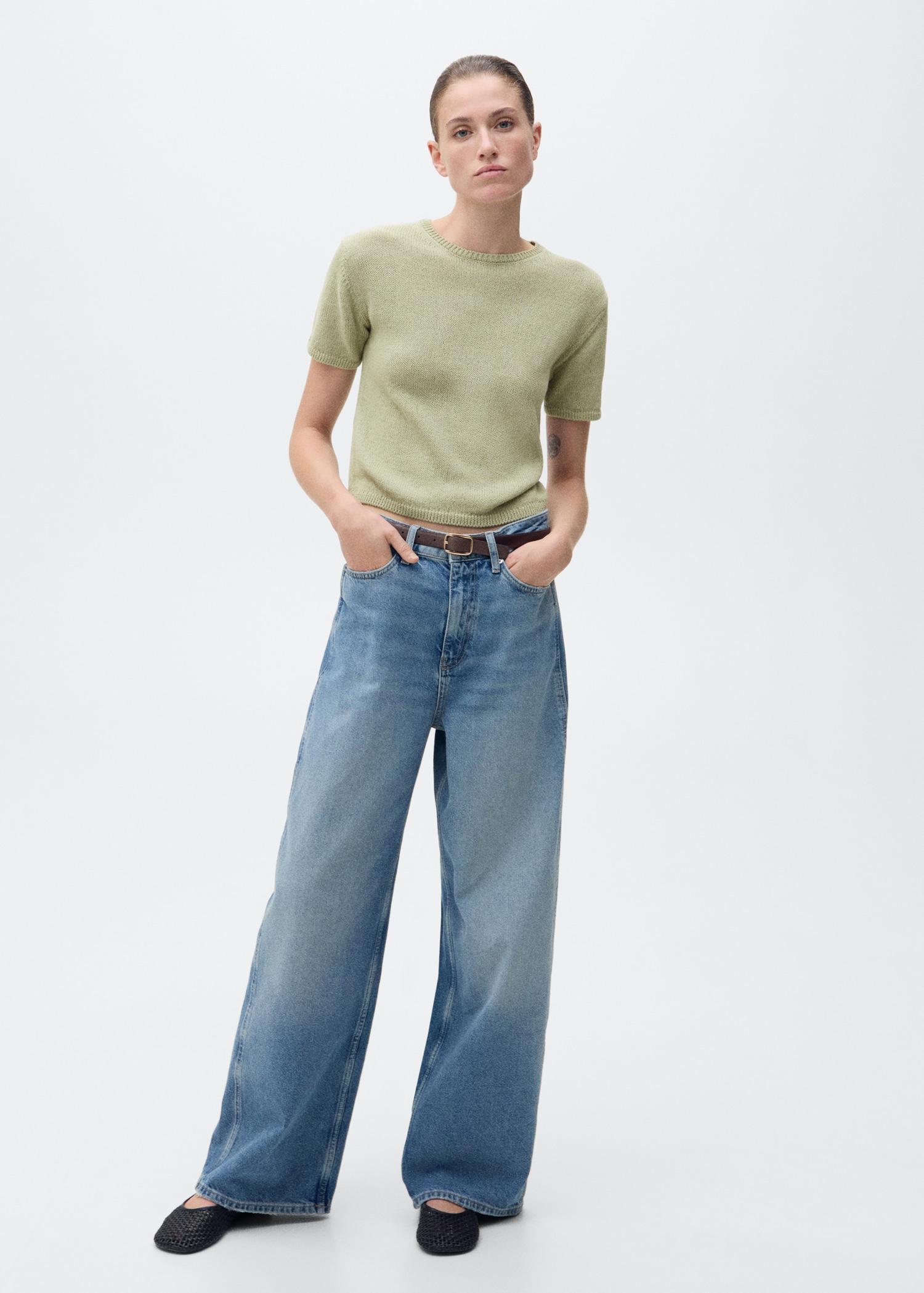 Short-sleeved knitted cotton sweater - Women | MANGO USA Product Image