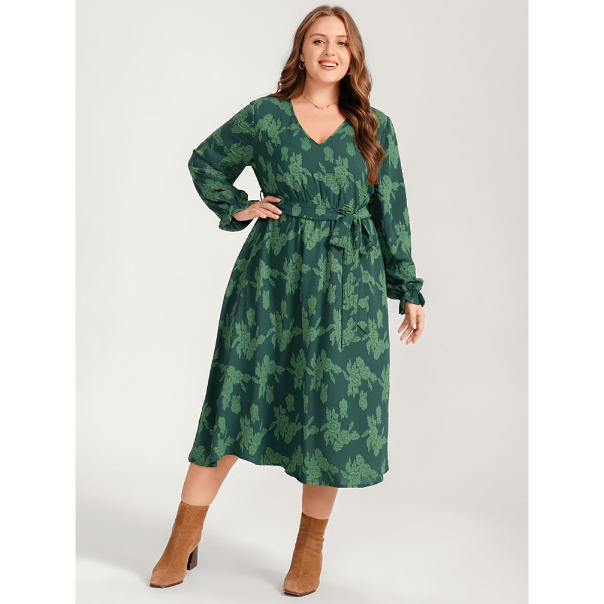 Plus Size Floral Print Lantern Sleeve Pocket Belted Midi Dress Green Women Elegant Pocket V-neck Long Sleeve Curvy Midi Dress BloomChic 18-20/2X Product Image