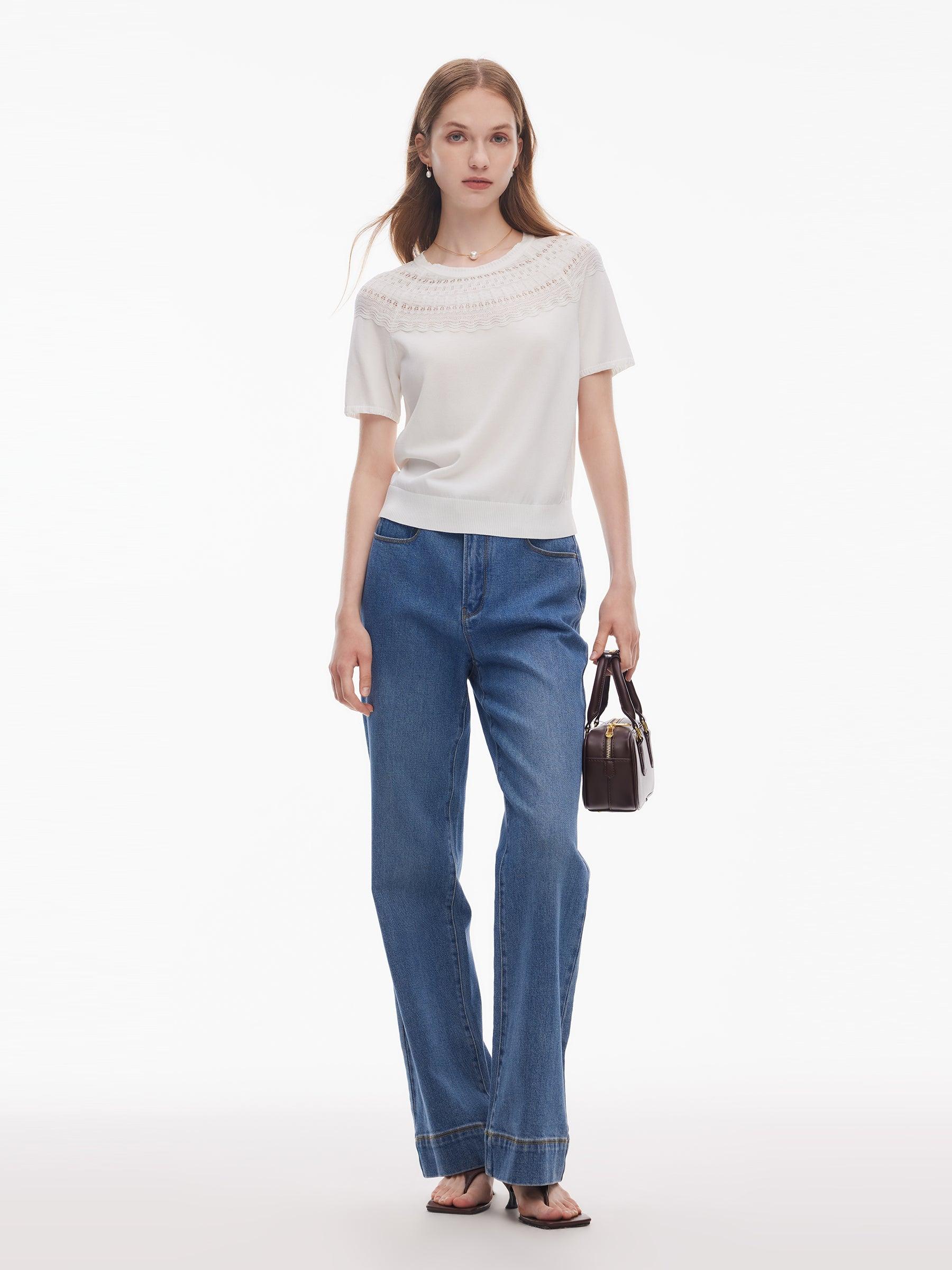 Tencel Blend Openwork Women Ruffle Round Neck Knit Top Product Image