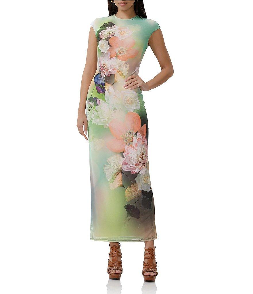 AFRM Cody Floral Placement Print Mesh Crew Neck Cap Sleeve Maxi Dress Product Image