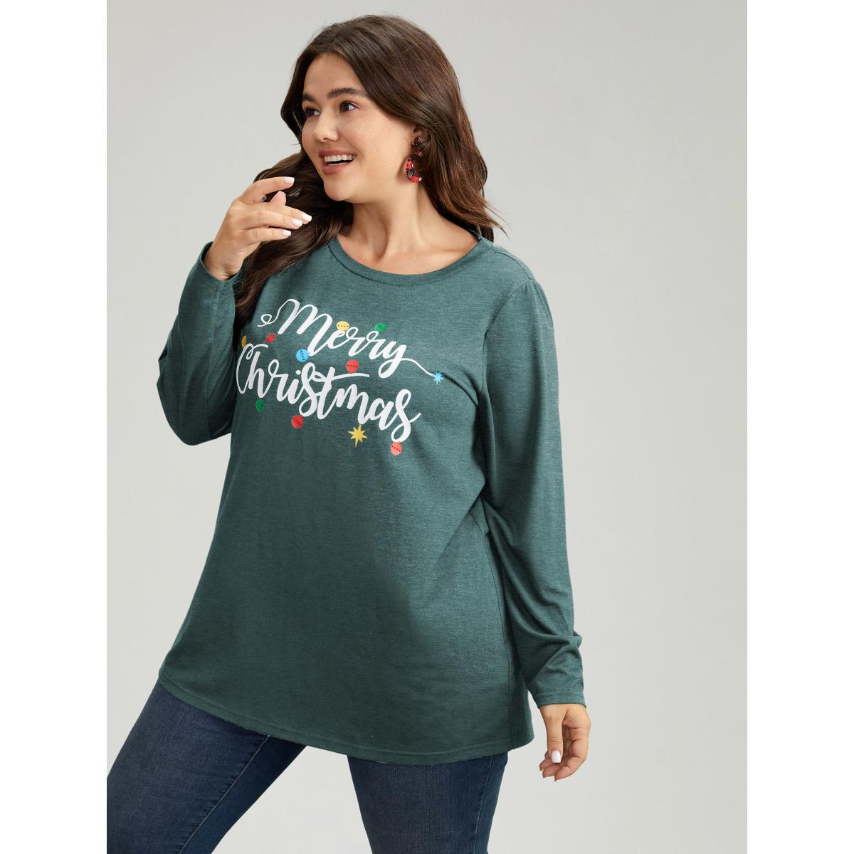 Plus Size Christmas Letter Print Crew Neck T-shirt DarkGreen Women Casual Printed Christmas Festival-Christmas T-shirts BloomChic 28/5X Product Image
