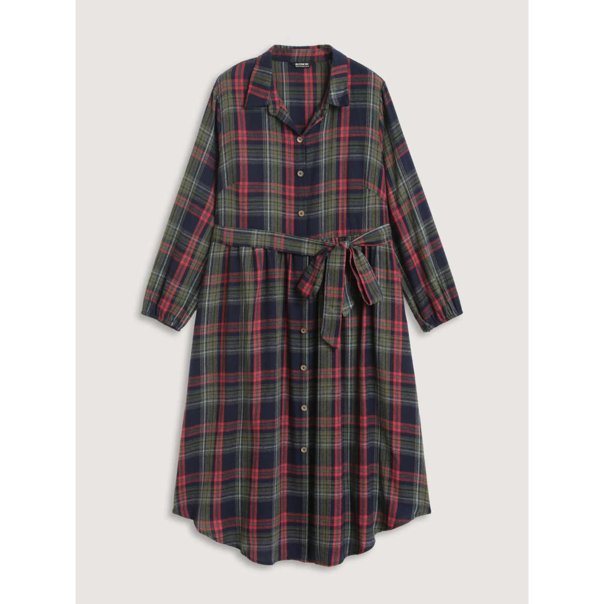 Plus Size Plaid Button Detail Pocket Belted Arc Hem Dress DarkBlue Women Leisure Pocket Shirt collar Long Sleeve Curvy Midi Dress BloomChic 28/5X Product Image
