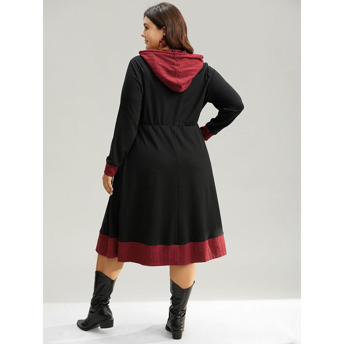 Plus Size Christmas Textured Contrast Hooded Drawstring Dress Black Women Casual Gathered Hooded Long Sleeve Curvy Midi Dress BloomChic 22-24/3X Product Image