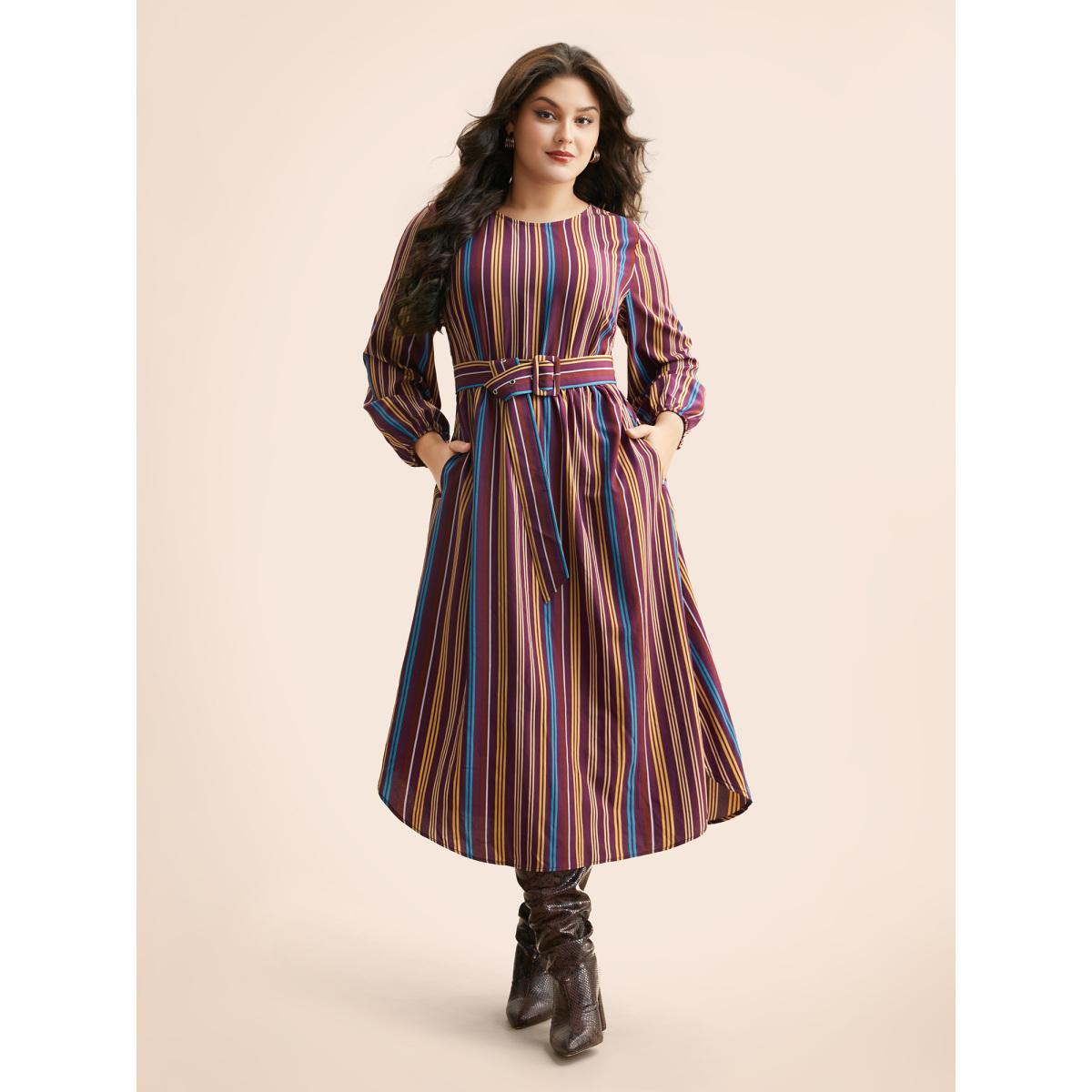 Plus Size Round Neck Contrast Striped Belted Dress Deeppurplered Women At the Office Belted Round Neck Long Sleeve Curvy BloomChic 28/5X Product Image