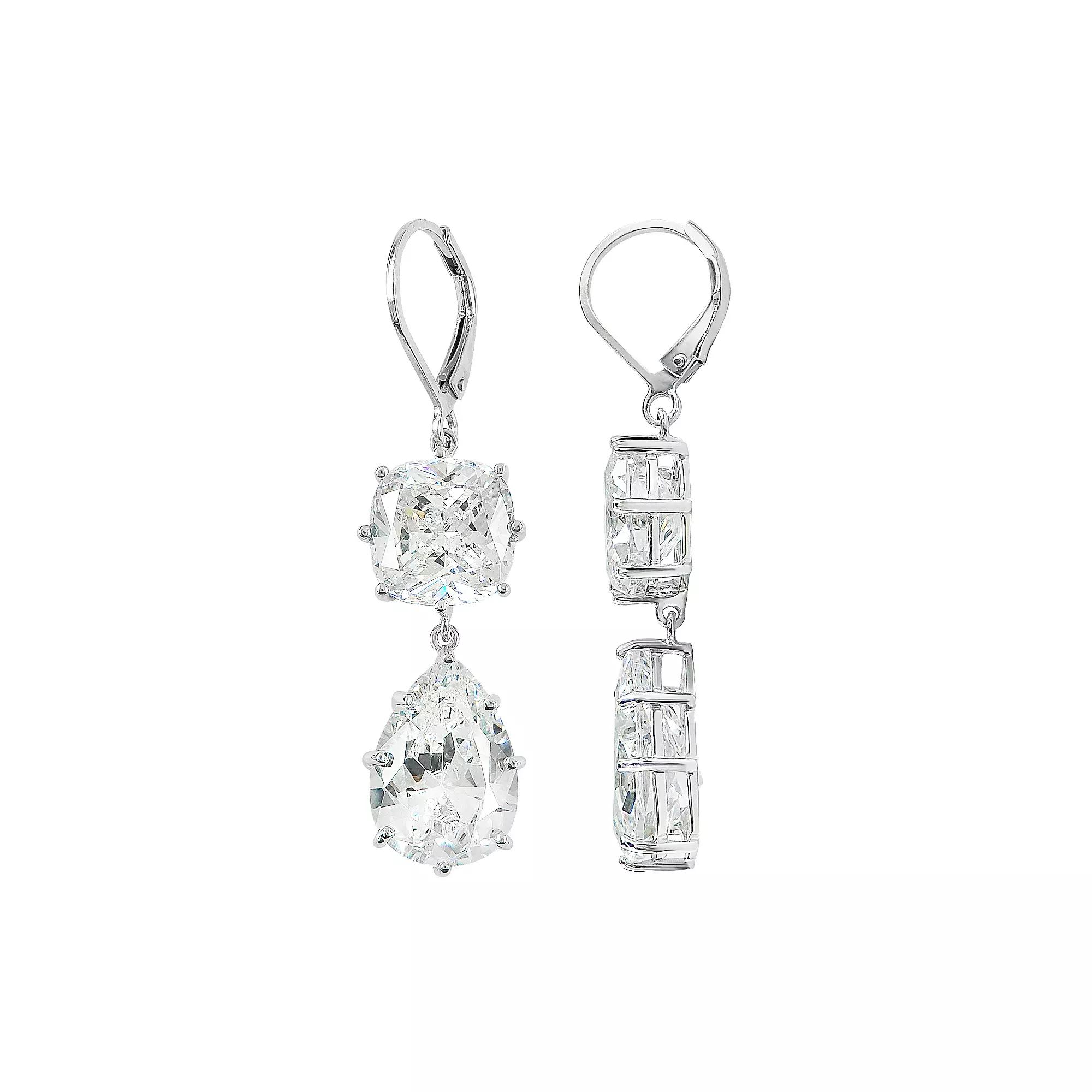 SIRI Rhodium-Plated Sterling Silver Leverback Earring with Square and Pear White Cubic Zirconia Drops, Women's Product Image