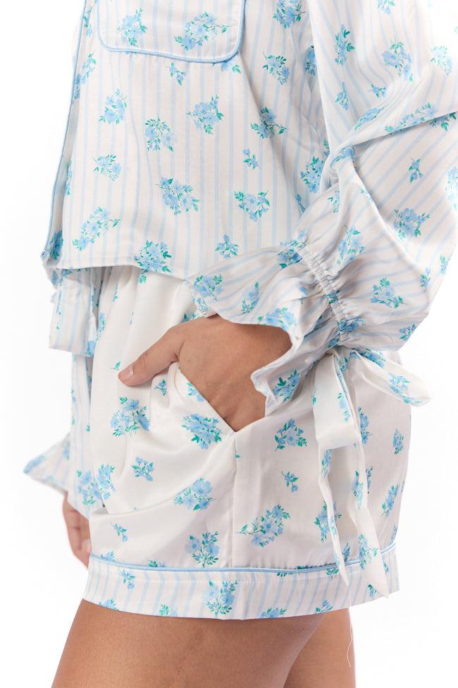 Sleep On My Side Blue Floral Satin Pajama Shorts FINAL SALE Product Image