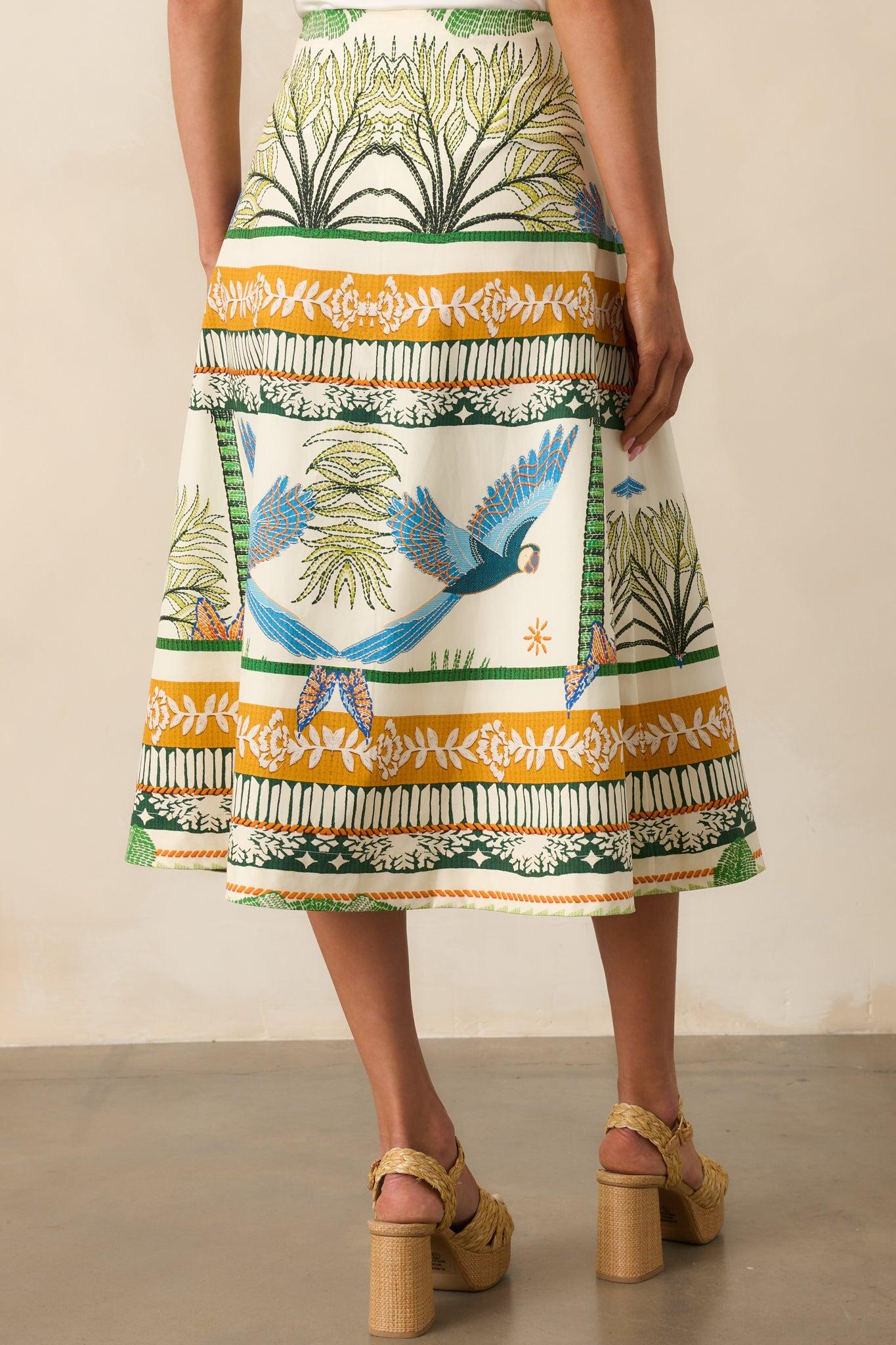 Aylaya Amazon Ivory Tropical Print Cotton Midi Skirt Product Image