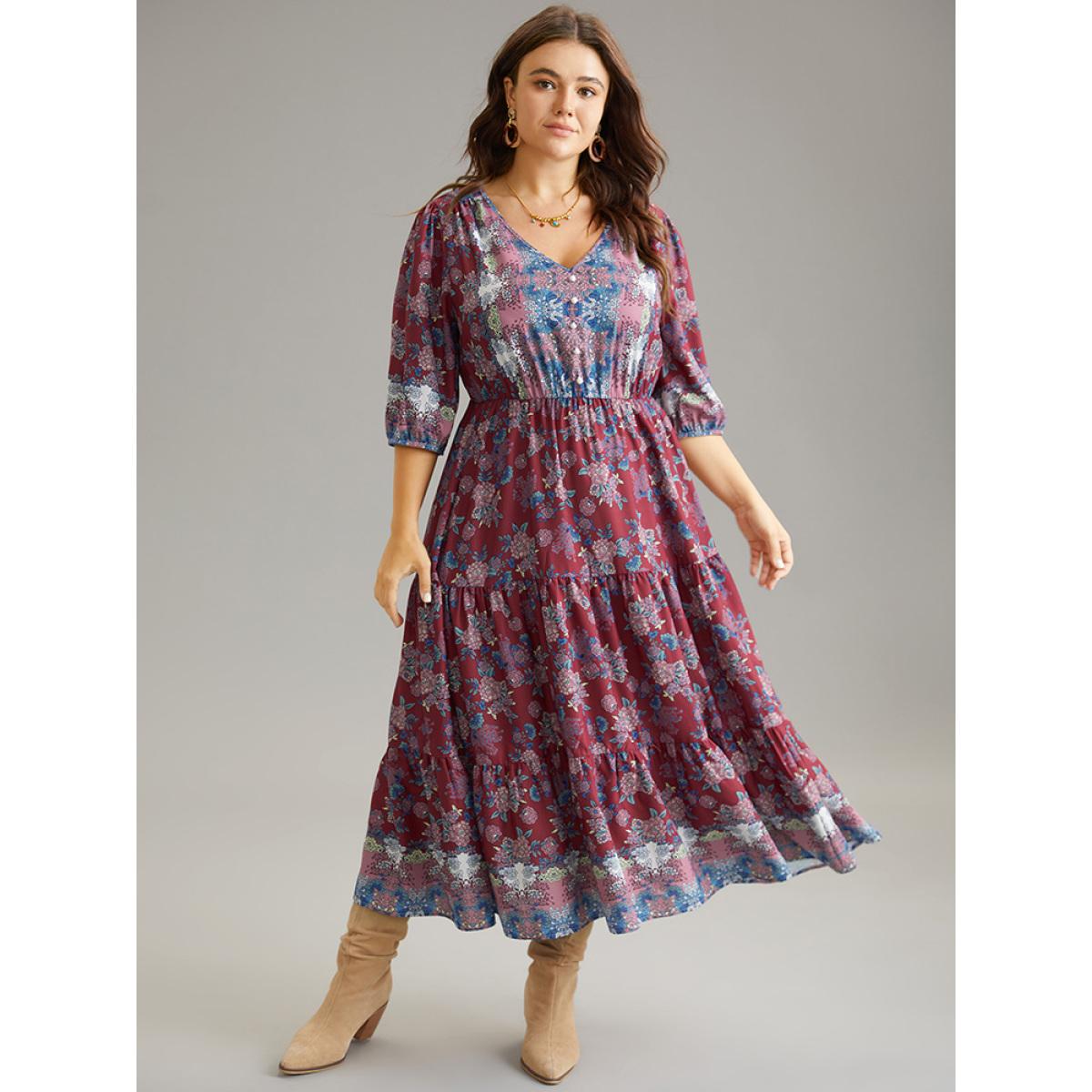 Plus Size Boho Print Button Detail Ruffle Layered Hem Dress RedViolet Women Resort Elastic cuffs V-neck Elbow-length sleeve Curvy Midi Dress BloomChic 22-24/3X Product Image