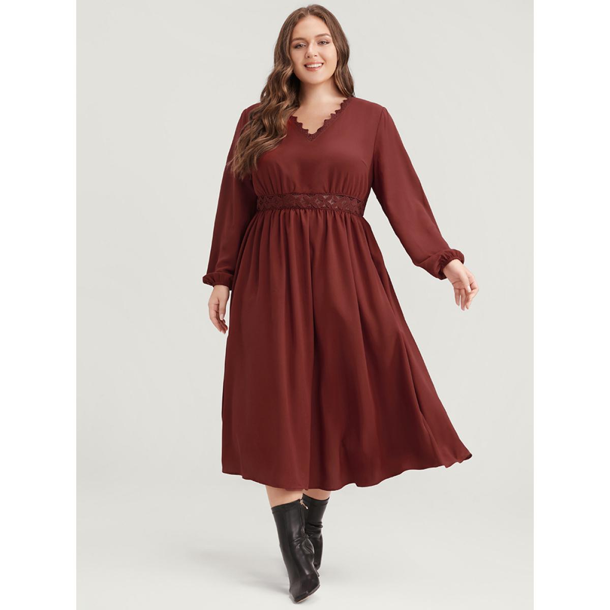 Plus Size Solid Pocket Lace Insert Lantern Sleeve Flutter Dress Scarlet Women Elegant V-neck Long Sleeve Curvy Midi Dress BloomChic 10/M Product Image