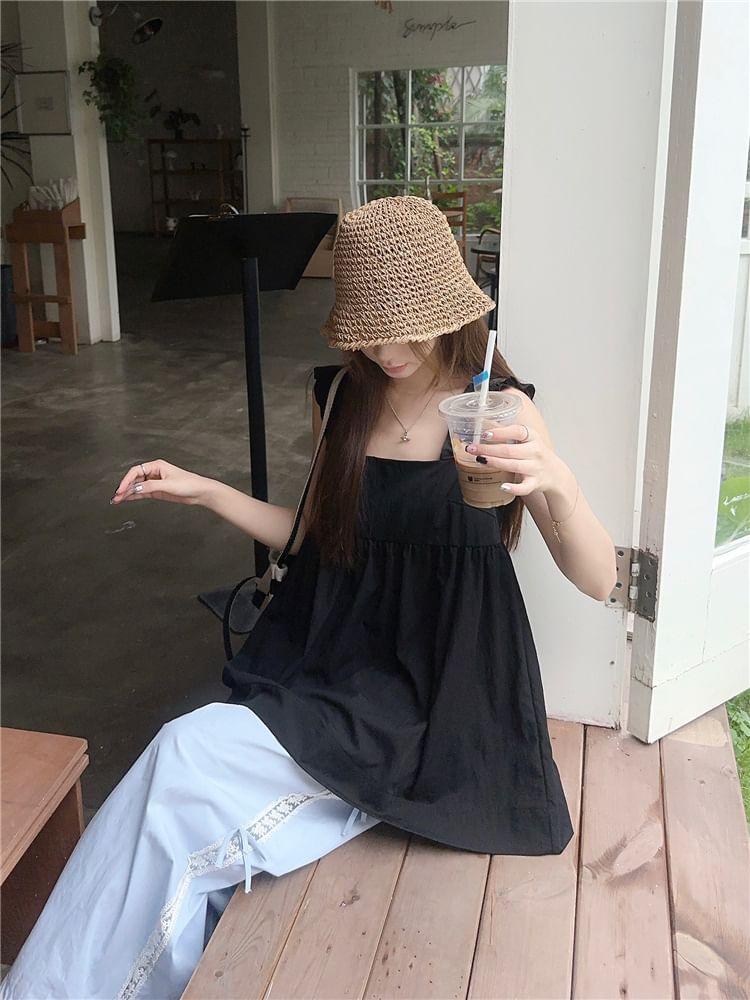 Square Neck Plain Camisole Top / Mid Rise Lace Trim Bow Wide Leg Pants Product Image