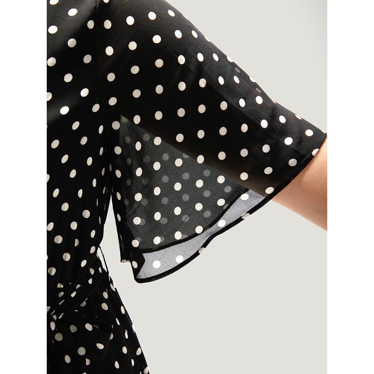 Plus Size Polka Dot Ruffles Pocket V Neck Mesh Belted Dress Black Women Elegant Lined V-neck Short sleeve Curvy Midi Dress BloomChic 12/L Product Image